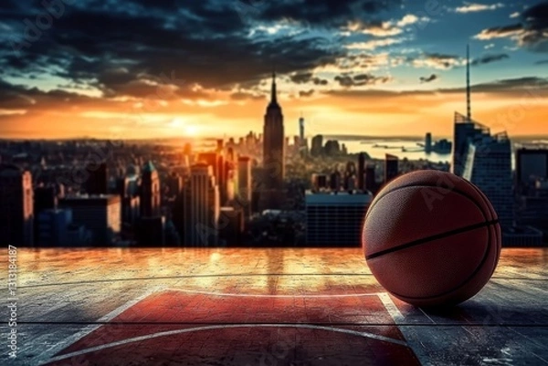 Obraz A vibrant basketball scene unfolds on the court with the iconic New York City skyline in the background.
