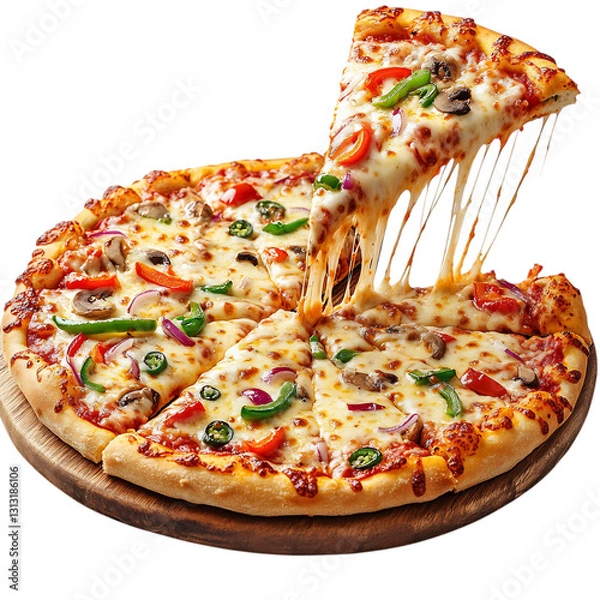 Fototapeta Fresh Homemade Pizza with Melted Cheese and Peppers Isolated on Transparent Background
