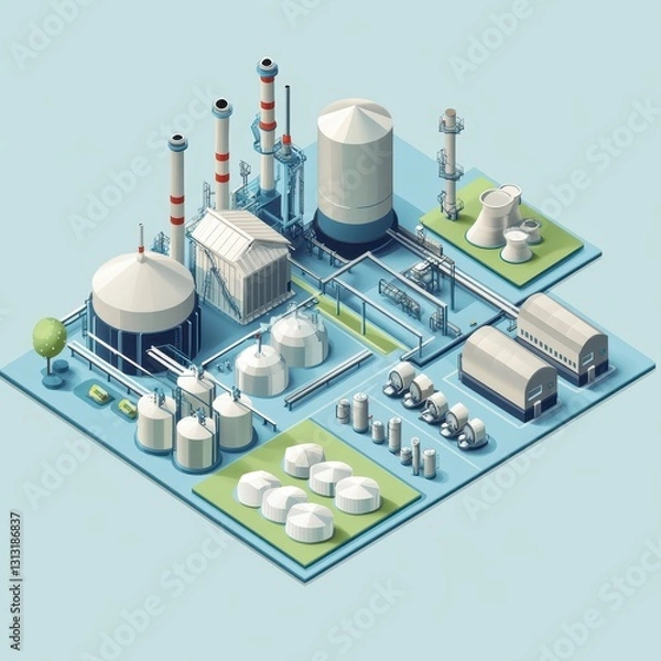Fototapeta Large-scale biogas refinery in stylized isometric 3D, featuring digesters, compressors, and bio-waste storage, isolated on light blue 