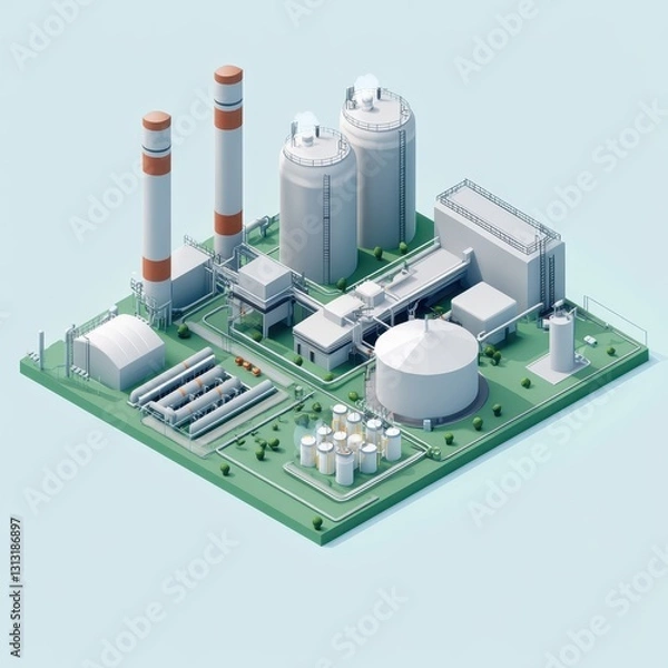 Fototapeta Large-scale biogas refinery in stylized isometric 3D, featuring digesters, compressors, and bio-waste storage, isolated on light blue