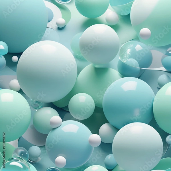 Fototapeta A futuristic, modern 3D illustration features glossy blue and green spheres and cylinders on a vibrant, abstract gradient background, blending digital minimalism with geometric elegance.