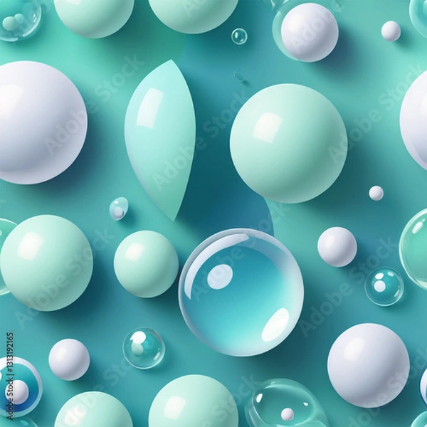 Fototapeta A futuristic, modern 3D illustration features glossy blue and green spheres and cylinders on a vibrant, abstract gradient background, blending digital minimalism with geometric elegance.