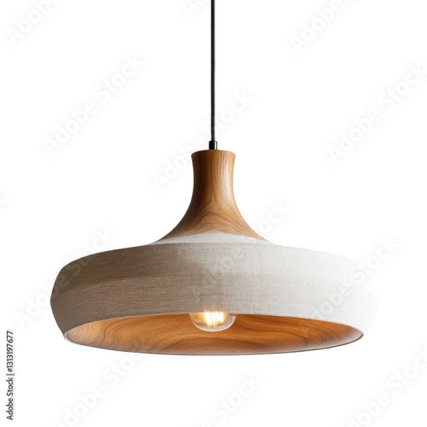 Fototapeta modern pendant light with wooden and fabric design, featuring single exposed bulb, hanging from black cord. light combines natural wood tones with soft fabric texture, creating warm and inviting