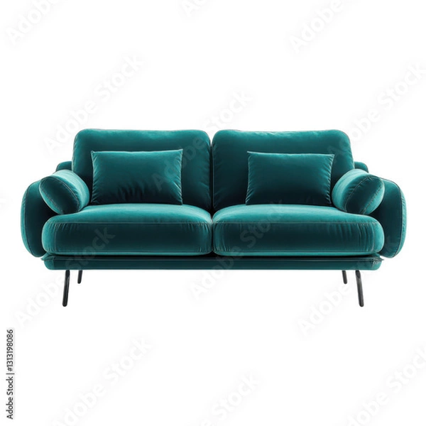 Obraz modern teal velvet sofa with plush cushions and sleek black legs, perfect for contemporary living spaces. luxurious fabric and elegant design add touch of sophistication to any room
