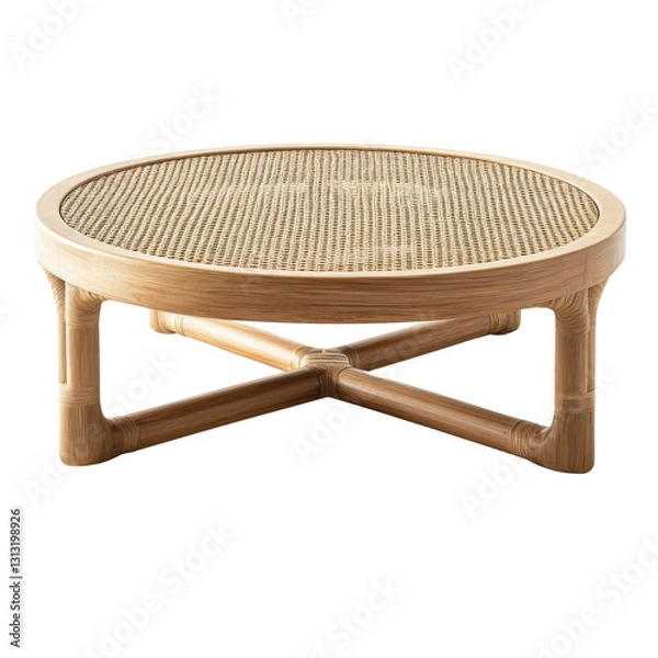 Fototapeta round rattan coffee table with woven top and wooden frame, showcasing natural and minimalist design
