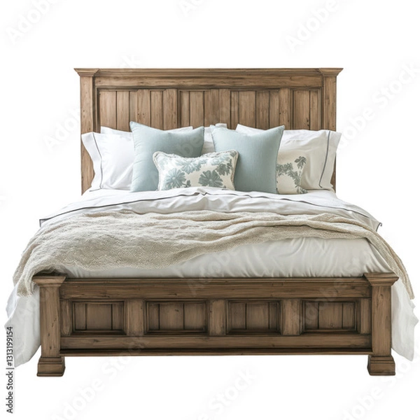 Fototapeta rustic wooden bed with high headboard is adorned with white and blue pillows and cozy blanket, creating warm and inviting atmosphere