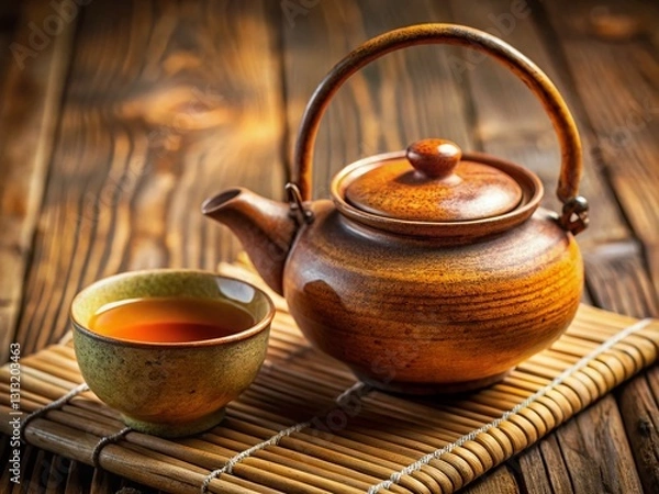 Fototapeta Close-up of Ceramic Teacup and Clay Teapot on Bamboo Table – Chinese Tea Ceremony