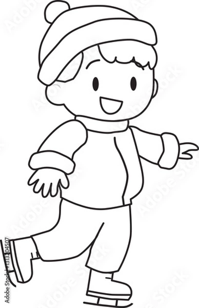 Fototapeta Line drawing of a boy ice skating. Figure skating.  Cute, fun. Vector illustration.