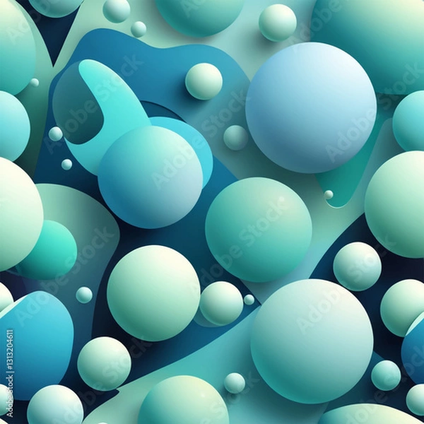 Fototapeta A futuristic, modern 3D illustration features glossy blue and green spheres and cylinders on a vibrant, abstract gradient background, blending digital minimalism with geometric elegance.