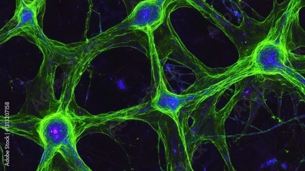 Fototapeta Vibrant Neural Network Cells in Green and Blue Under Microscopy