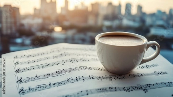 Obraz A warm coffee cup sitting on music sheets with a backdrop of a sunrise city view, blending creativity, relaxation, and the golden tones of a new day.. AI Generation