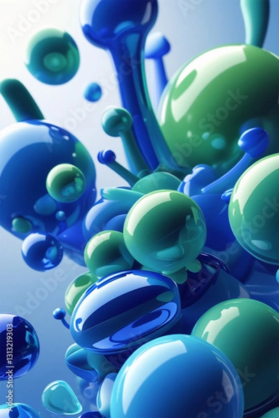 Fototapeta A futuristic, modern 3D illustration features glossy blue and green spheres and cylinders on a vibrant, abstract gradient background, blending digital minimalism with geometric elegance.