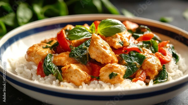 Fototapeta Thai chicken with spinach and bell peppers on top of rice, generative AI