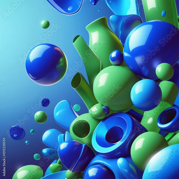 Fototapeta A futuristic, modern 3D illustration features glossy blue and green spheres and cylinders on a vibrant, abstract gradient background, blending digital minimalism with geometric elegance.