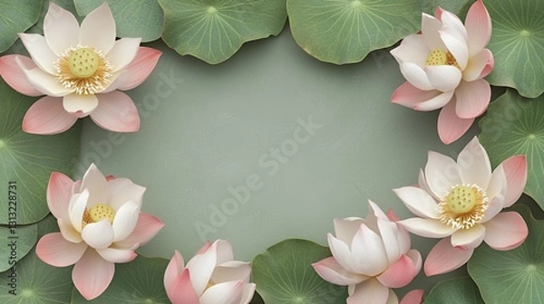Obraz Pink and White Lotus Flowers and Green Leaves Frame on Sage Green Background