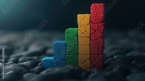 Obraz Cracked Bar Chart in Rainbow Colors on Dark Background