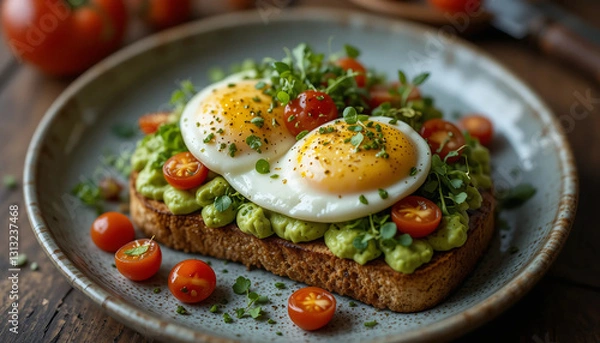 Fototapeta Delicious Avocado Toast with Poached Eggs, Cherry Tomatoes, and Microgreens on a Rustic Plate