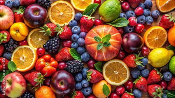 Fototapeta Fresh fruits arranged beautifully, including apples, oranges, berries, and more, creating vibrant and colorful display. This assortment evokes sense of health and vitality