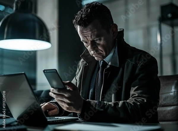 Fototapeta A businessman holding a mobile phone and using a laptop computer for online work at the office, close-up of a hand with a smartphone, high-resolution photography, insanely detailed, 