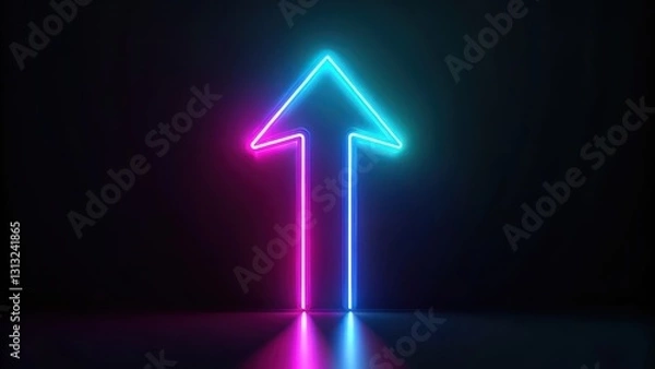 Fototapeta A neon arrow pointing upwards on a dark black background with subtle gradient effect