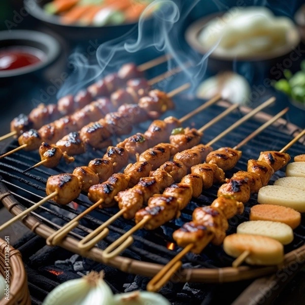 Obraz Satay Grill close up. Skewers of marinated chicken satay charring over glowing charcoal, peanut sauce dripping off the edges