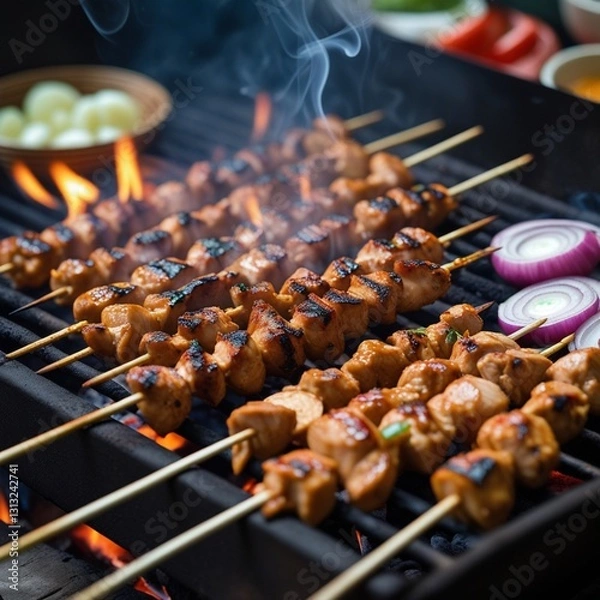 Obraz Satay Grill close up. Skewers of marinated chicken satay charring over glowing charcoal, peanut sauce dripping off the edges
