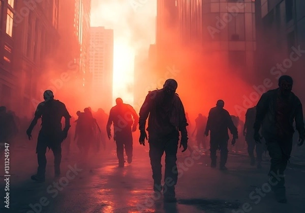 Fototapeta Creepy Zombies Walking Towards Camera in Apocalyptic City Scene