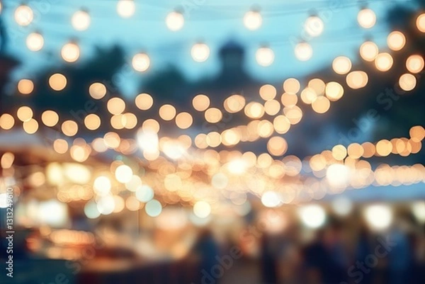 Fototapeta Blurred outdoor market with string lights at twilight