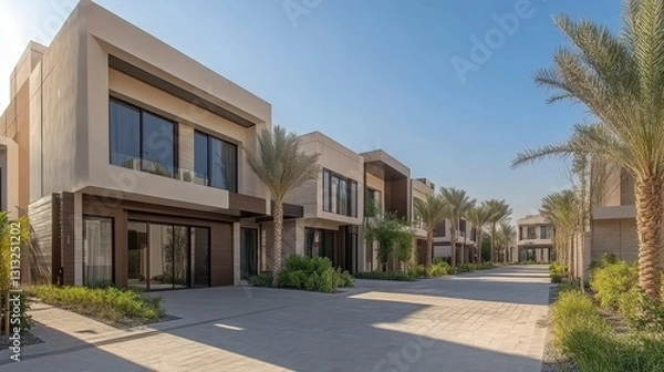 Fototapeta Modern luxury villas line a paved street. Ideal for real estate, architecture, and luxury lifestyle websites.