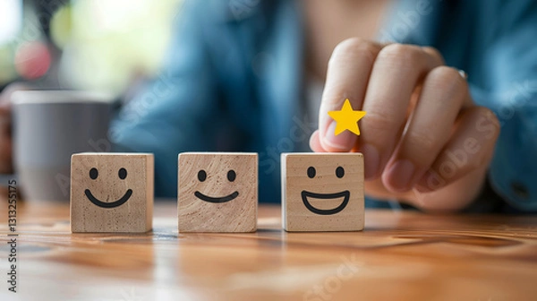 Fototapeta A wooden block label with happy smile relax face good feedback customer World mental health day with Emotions Satisfaction concepts, Customer Experience Concept, Best rating for Satisfaction present