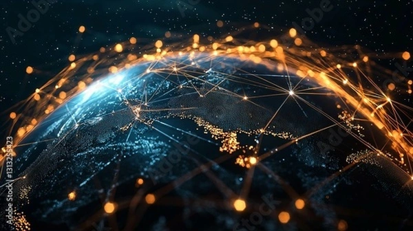 Fototapeta Abstract 3D globe with glowing connection lines, symbolizing global connectivity and digital networks.