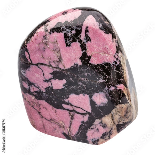 Fototapeta Polished Rhodonite Stone with Soft Pink and Black Isolated on Transparent Background