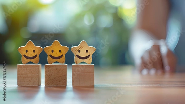 Fototapeta A wooden block label with happy smile relax face good feedback customer World mental health day with Emotions Satisfaction concepts, Customer Experience Concept, Best rating for Satisfaction present