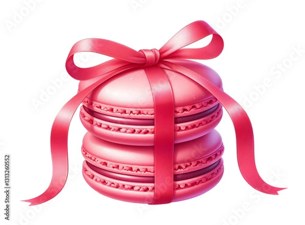Obraz Stack of pink macarons with pink ribbon. Bright biscuit cookies. Hand drawn watercolor food illustration isolated on white background with clipping mask.