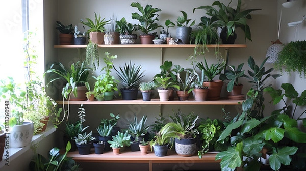 Fototapeta display in a contemporary living room with hanging planters, a mix of leafy plants on a shelf, and potted plants on the floor next to a sleek chair 