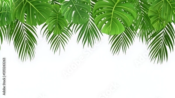 Obraz Lush Green Tropical Leaves Border on White Background