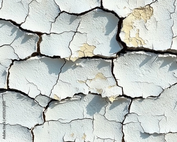 Fototapeta A close-up view of a weathered, cracked white wall, showcasing intricate textures and peeling paint. A vintage black and white clock is mounted on the wall, its hands frozen in time.