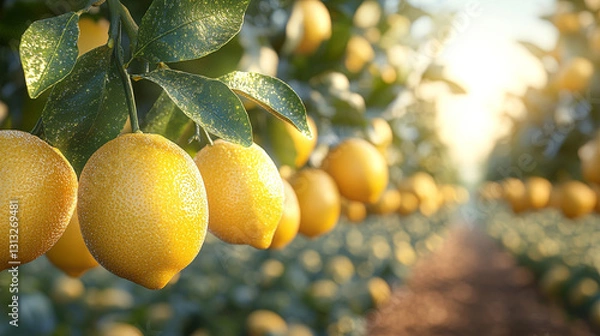 Obraz Lemons on tree. Lemon orchard