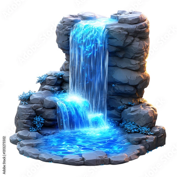 Obraz A Fluffy 3D Cartoon Waterfall with Glowing Blue Ripple Isolated on Transparent Background