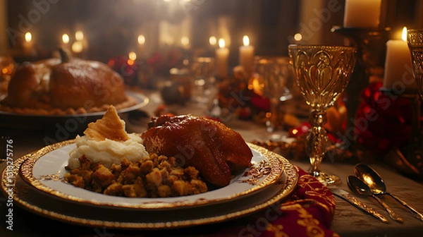 Obraz A roasted chicken sits on a plate with mashed potatoes and stuffing, surrounded by candlelight and a Thanksgiving feast.  Elegant golden tableware enhances the luxurious scene.