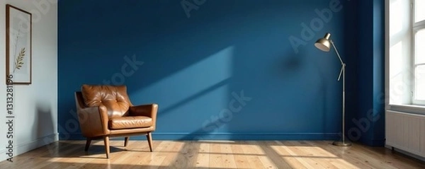 Fototapeta Dark blue accent wall, leather chair, hardwood floors, minimalist living room , interior photography, dark blue wall, stylish interior
