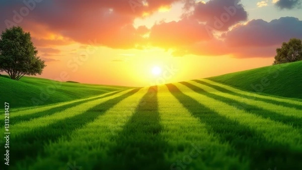 Fototapeta Lawn stripes pattern, A vibrant green lawn showing striking stripes at sunset perspective view saturated colors minimalism.