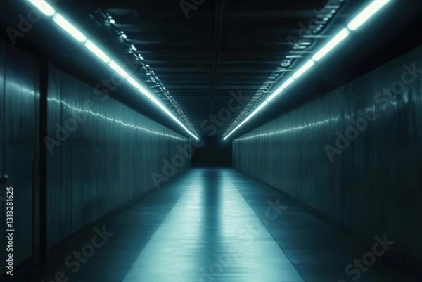 Fototapeta City subway tunnel with centered vanishing point, artificial fluorescent light and copy space