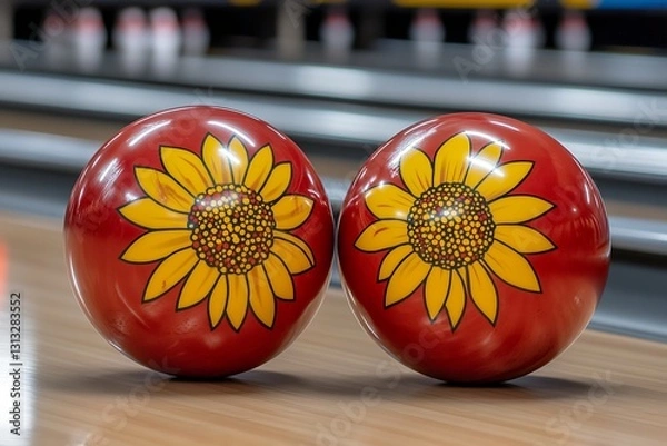 Fototapeta Pair Of Red Bowling Balls With Sunflower Designs On Bowling Lane
