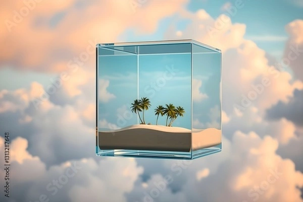 Fototapeta A glass cube floats in the sky, containing a small sandy island with palm trees. Surrounded by fluffy clouds, the scene evokes a dreamy, surreal vibe.