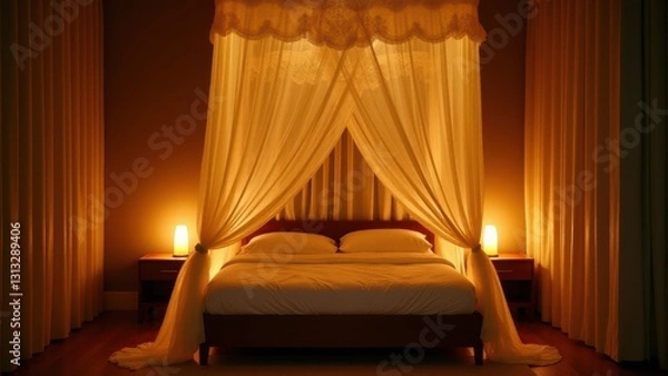 Fototapeta Mosquito net, Glowing bedroom mosquito net shimmers in gold soft candlelit ambiance tranquility