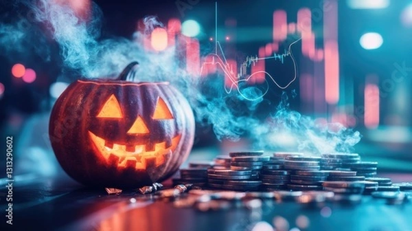 Fototapeta Spooky season market trends. Jack-o'-lantern and stacks of coins with a financial chart in the background.