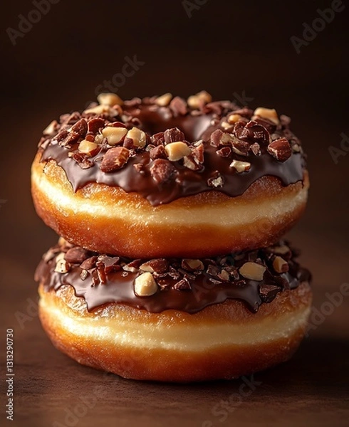 Obraz Delicious stacked donuts topped with chocolate and crunchy nuts for a sweet dessert experience : Generative AI