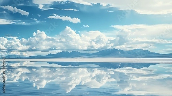 Fototapeta Tranquil Landscape with Blue Sky, Clouds, Mountains, and Water Reflection in Natural Setting