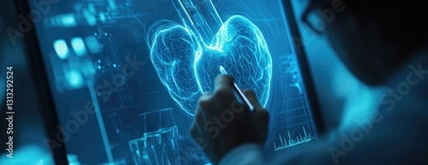 Fototapeta Person analyzing digital heart model on interactive display